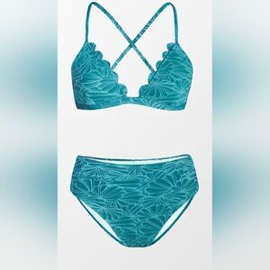Cupshe floral textured scalloped bra letter and cheeky high waisted bikini sz M